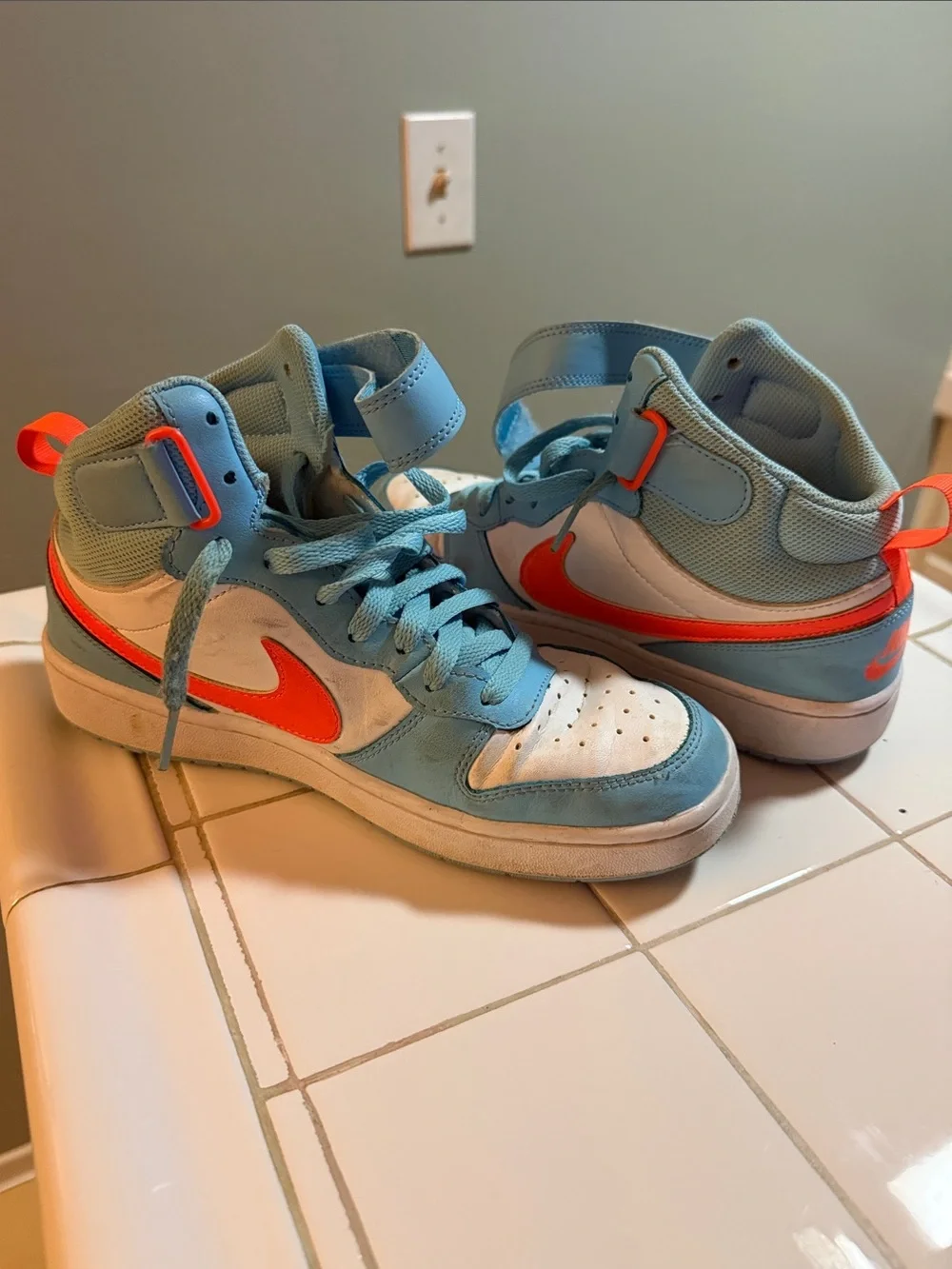 Nike Kids High-Top Sneakers in Sky Blue and Bright Orange